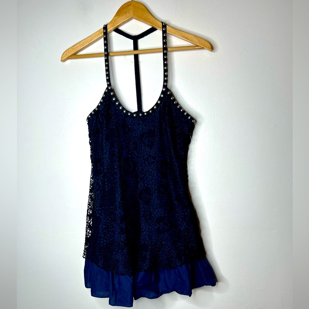 FREE PEOPLE Blue with Black Lace Studded Straps Tunic Tank Dress